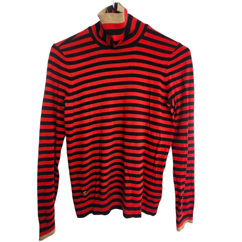 Lauren Ralph Lauren Womens Striped Mulberry Silk Turtleneck Sweater Sz M Classic